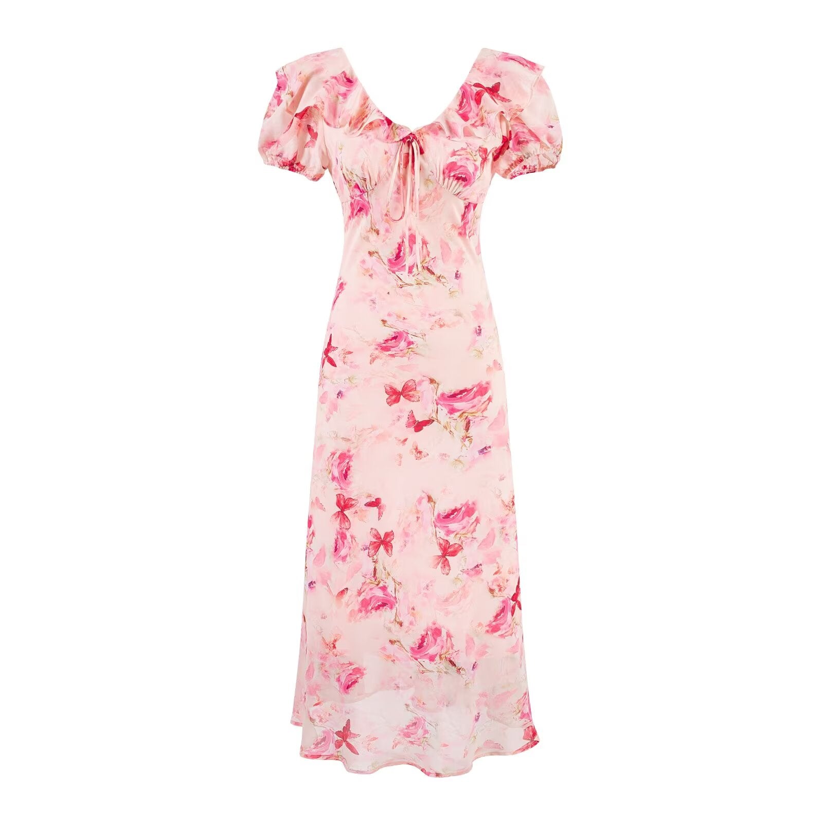 Sweet Printed Chic Puff Sleeve Chiffon Dress V neck Vacation Midi Dress