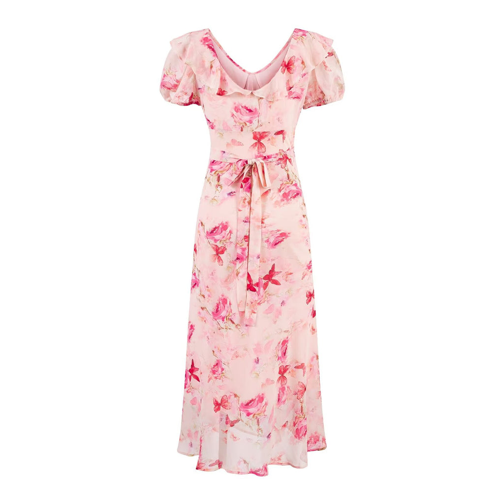 Sweet Printed Chic Puff Sleeve Chiffon Dress V neck Vacation Midi Dress