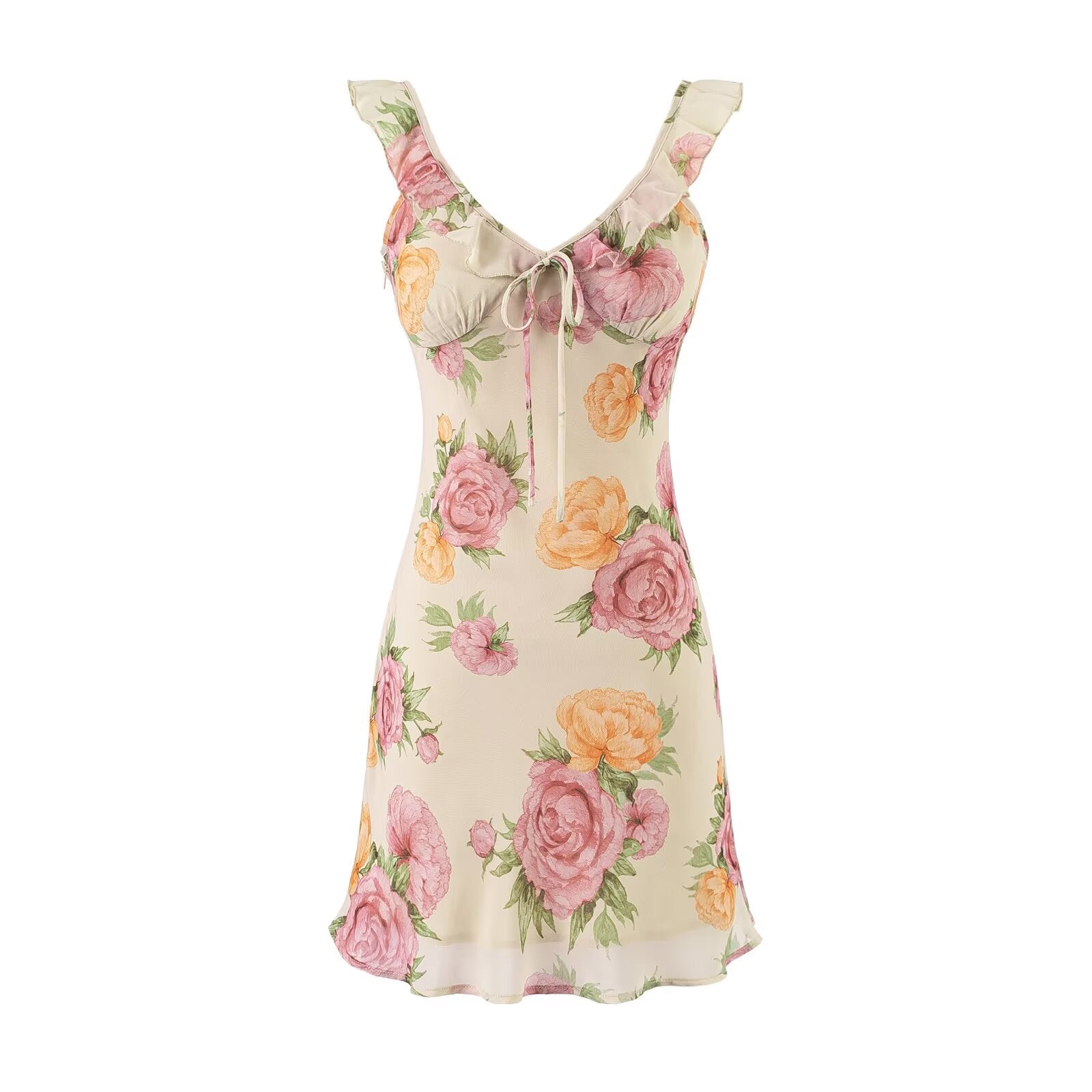 Sweet Printed Chic Ruffled Spaghetti Straps Dress V neck Sexy Backless Mini Dress