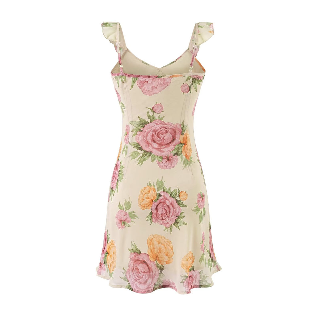 Sweet Printed Chic Ruffled Spaghetti Straps Dress V neck Sexy Backless Mini Dress