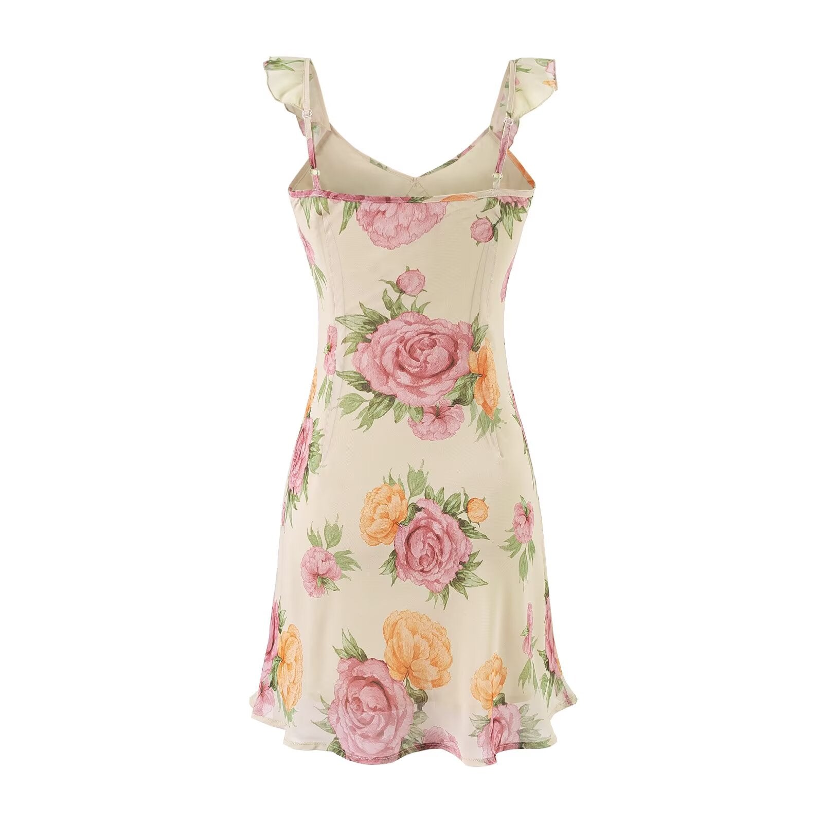 Sweet Printed Chic Ruffled Spaghetti Straps Dress V neck Sexy Backless Mini Dress