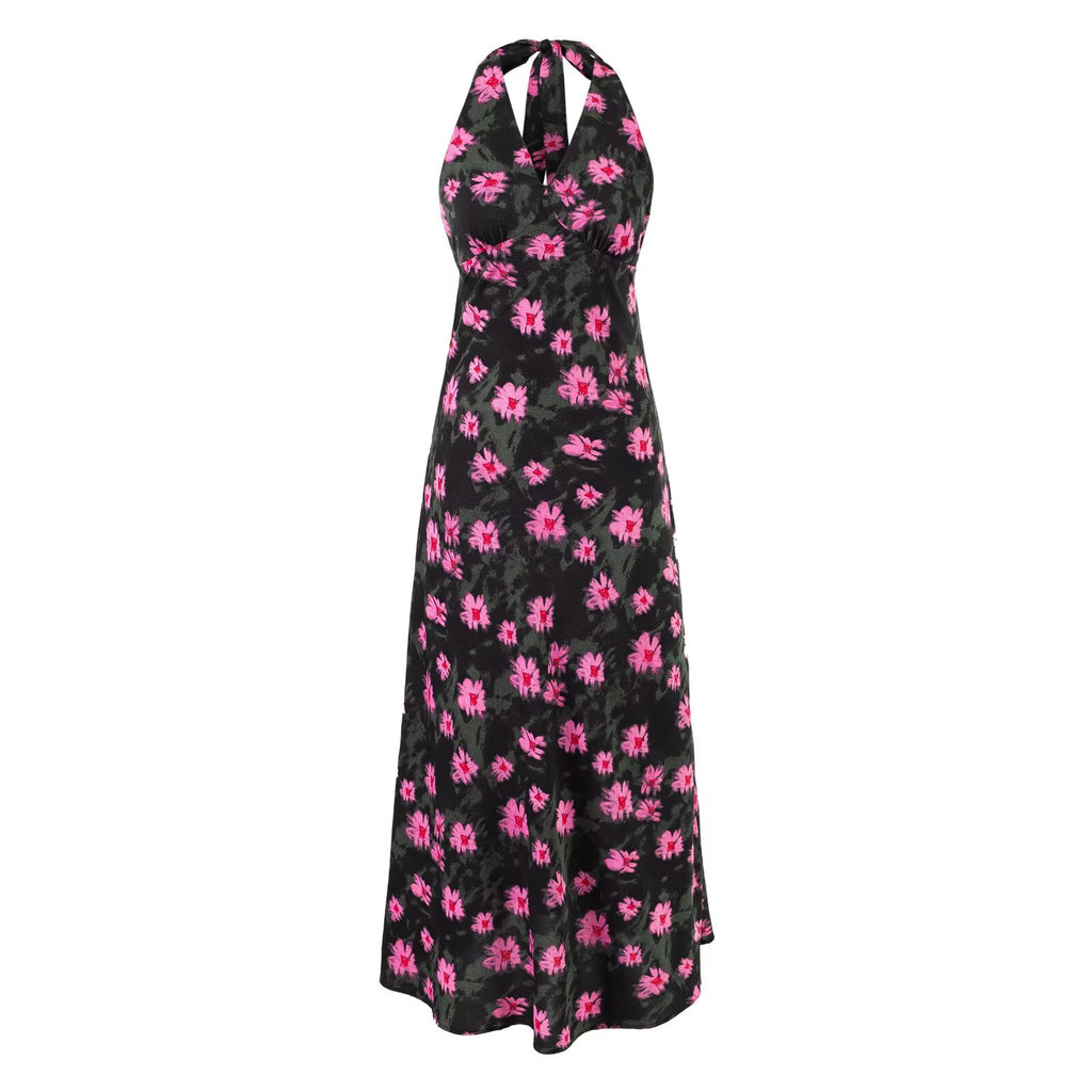 Sweet Printed Chic Sleeveless Backless Midi Dress Halter Retro Vacation Dress
