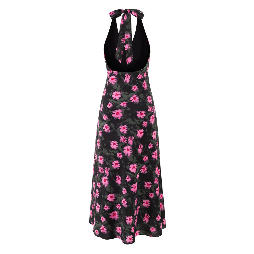Sweet Printed Chic Sleeveless Backless Midi Dress Halter Retro Vacation Dress