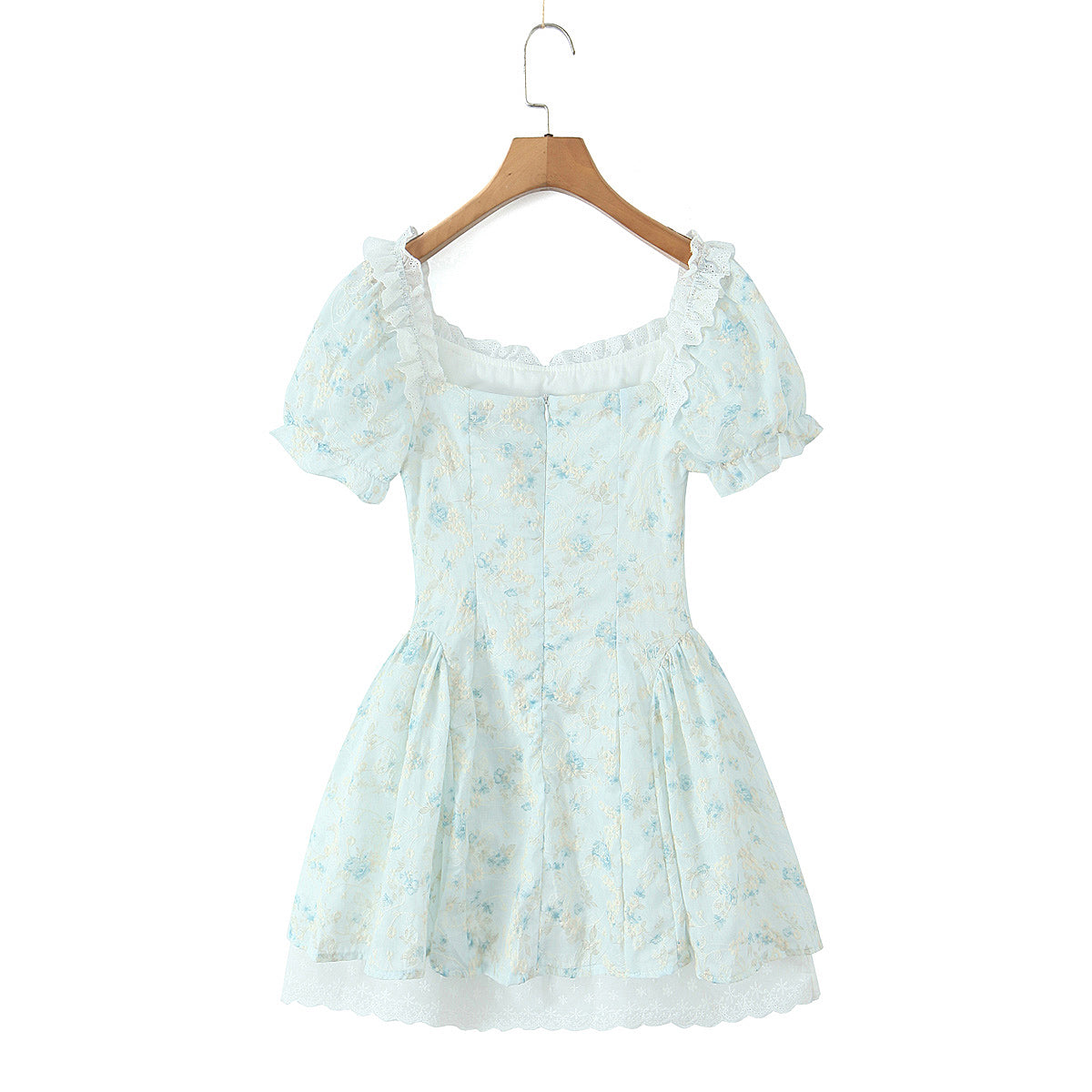 Dress Chao Sweet Lace Collar Printed Puff Sleeve Tie Shoulder Floral Lace Embroidered Princess Dress