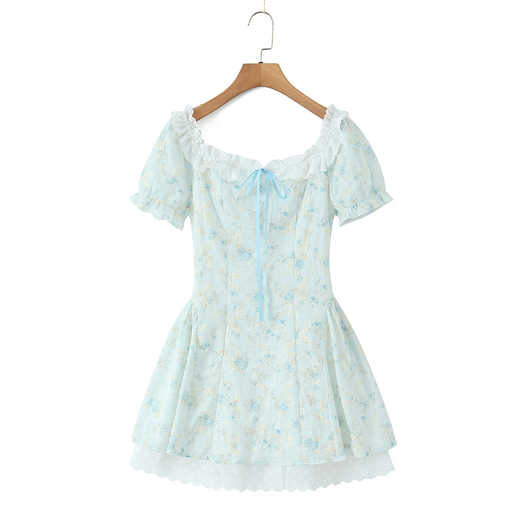 Dress Chao Sweet Lace Collar Printed Puff Sleeve Tie Shoulder Floral Lace Embroidered Princess Dress