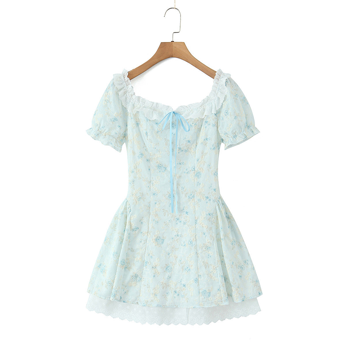 Dress Chao Sweet Lace Collar Printed Puff Sleeve Tie Shoulder Floral Lace Embroidered Princess Dress