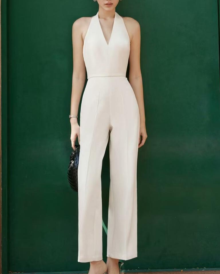 Summer Women Street Solid Color Casual Halter Jumpsuit