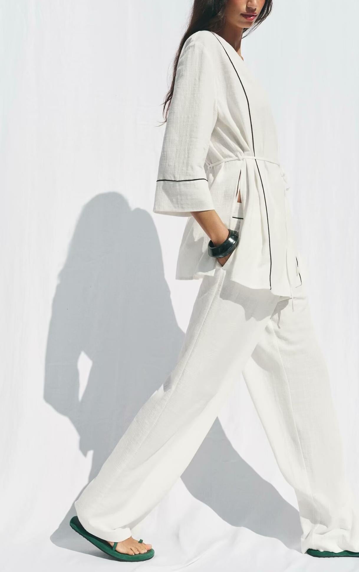 Summer Women Clothing Piping Double Breasted Coat Casual Trousers