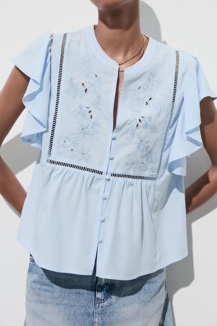 Women Clothing Summer Fashionable All Match Laminated Decoration Short Sleeve Shirt