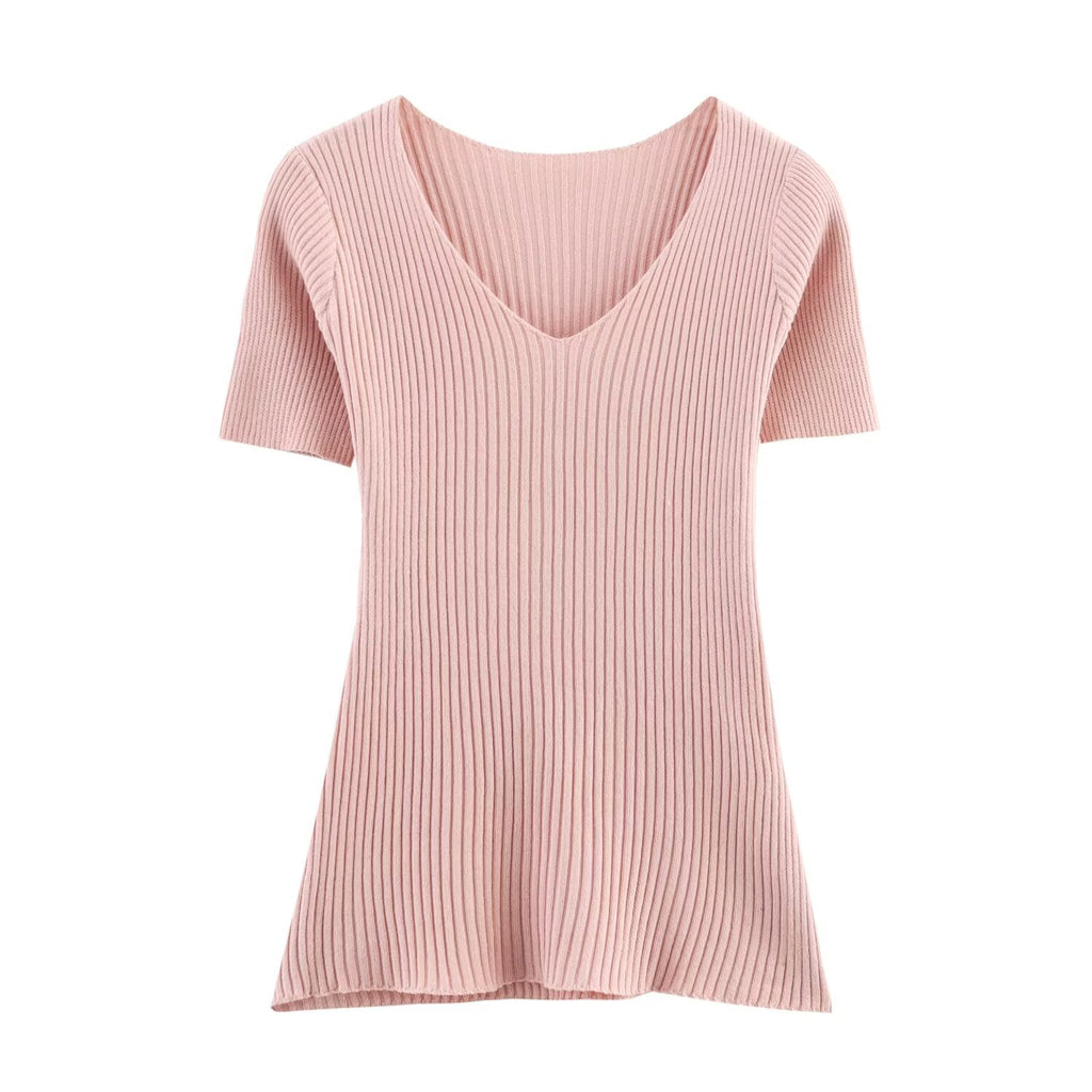 Summer Women Casual Solid Color Vertical Stripes Mid Length Knitted Short Sleeve