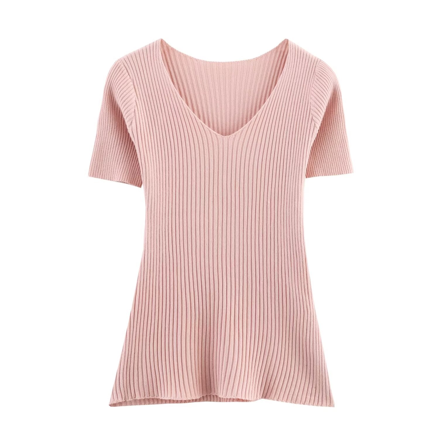 Summer Women Casual Solid Color Vertical Stripes Mid Length Knitted Short Sleeve