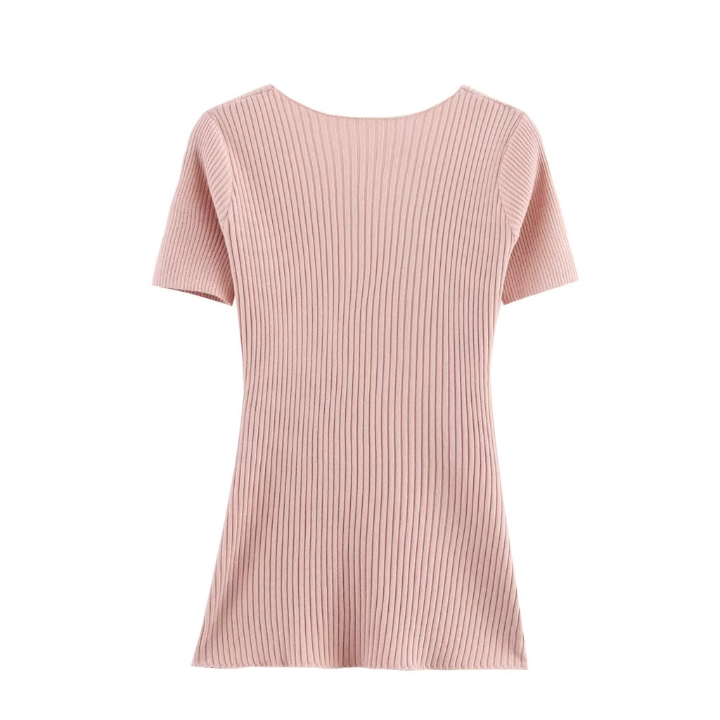 Summer Women Casual Solid Color Vertical Stripes Mid Length Knitted Short Sleeve