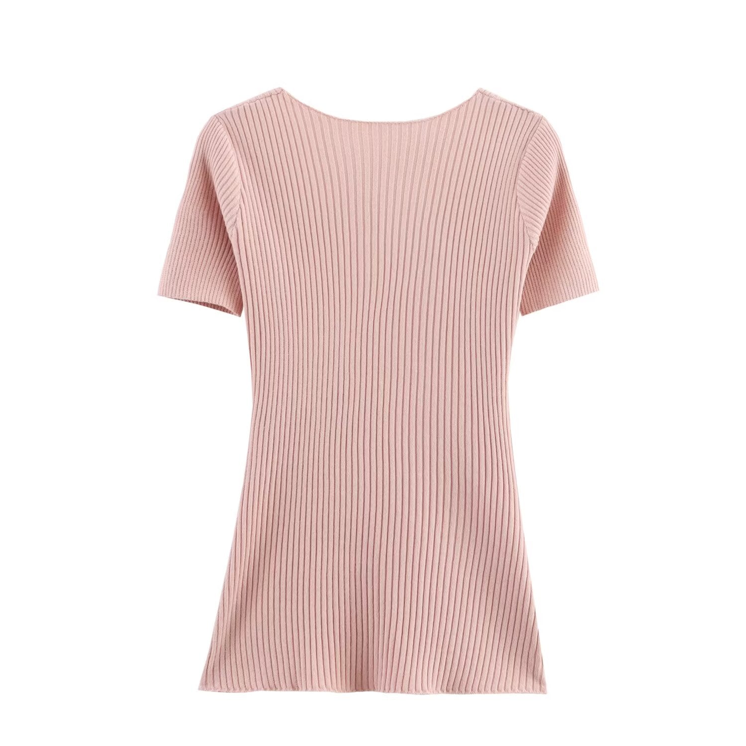 Summer Women Casual Solid Color Vertical Stripes Mid Length Knitted Short Sleeve