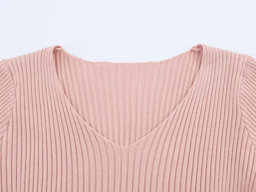 Summer Women Casual Solid Color Vertical Stripes Mid Length Knitted Short Sleeve