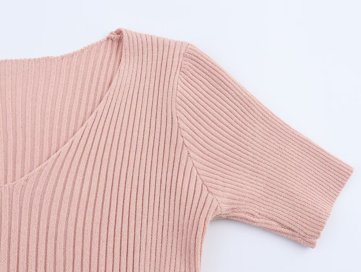 Summer Women Casual Solid Color Vertical Stripes Mid Length Knitted Short Sleeve