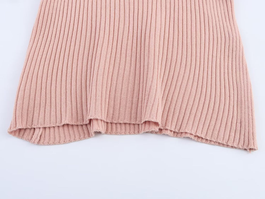 Summer Women Casual Solid Color Vertical Stripes Mid Length Knitted Short Sleeve