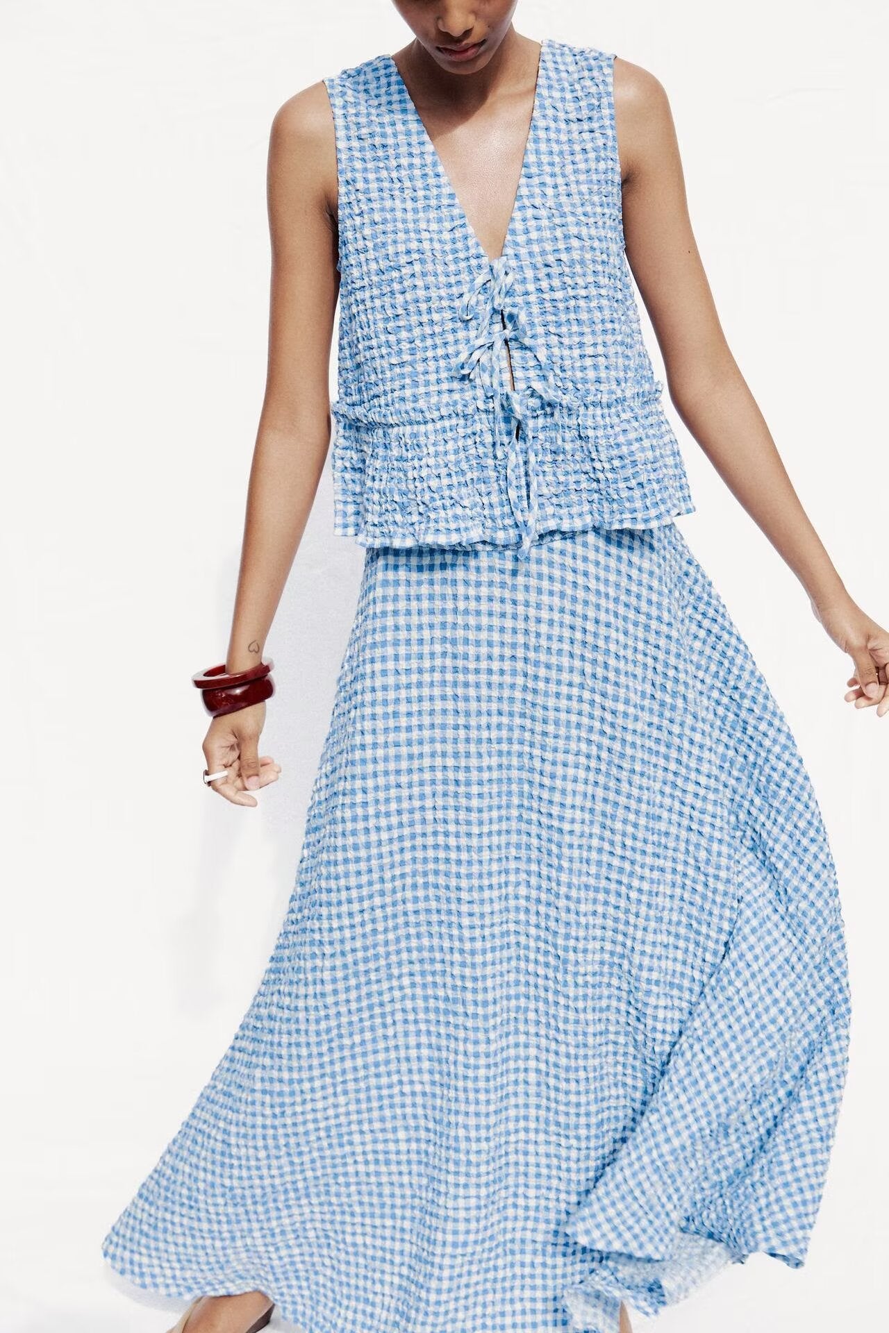 Women Clothing Early Spring Small Grid Top Skirt Set