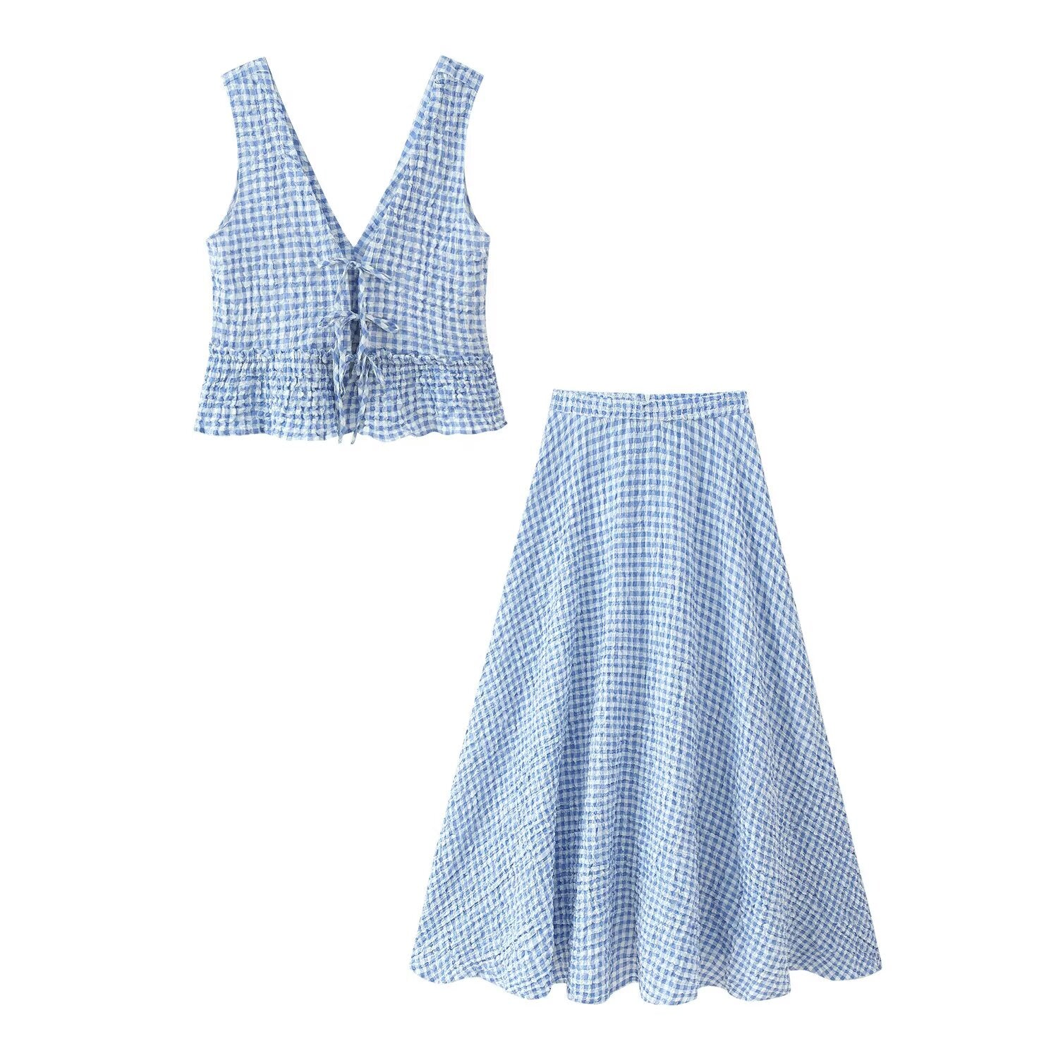 Women Clothing Early Spring Small Grid Top Skirt Set