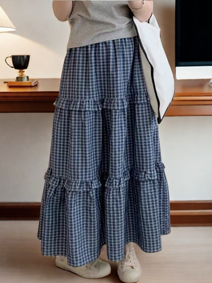 Large Swing Wooden Ear Stitching Plaid Skirt for Women Trendy High Waist Slimming A line Umbrella Skirt