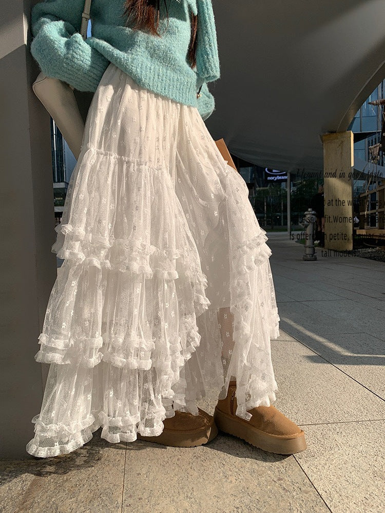 White Lace Skirt Women Autumn Winter A line Gauze Skirt Sweet Princess Pettiskirt Tiered Ruffle Maxi Dress