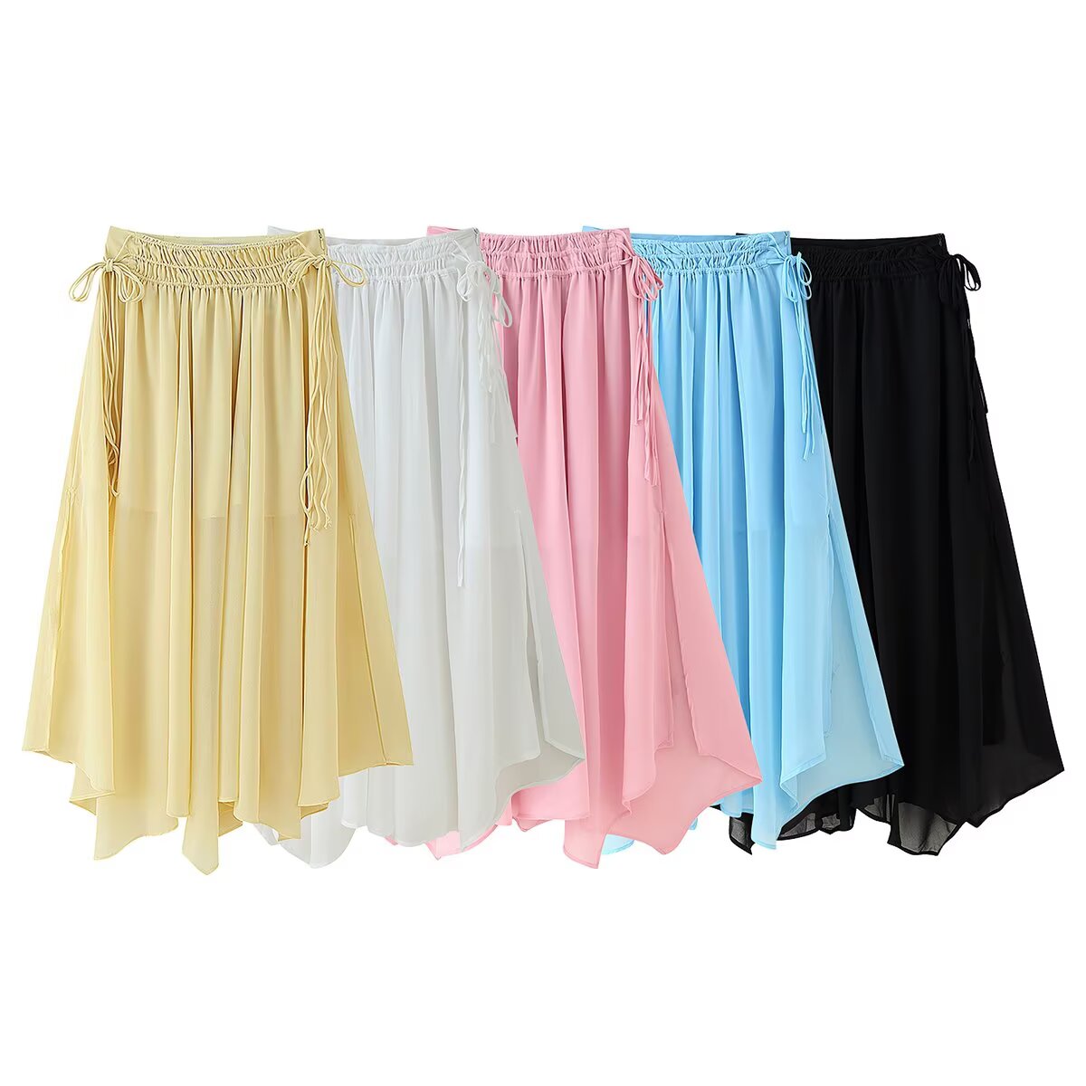 Summer Solid Color Design Irregular Asymmetric Five Colors String Decoration Chiffon Skirt
