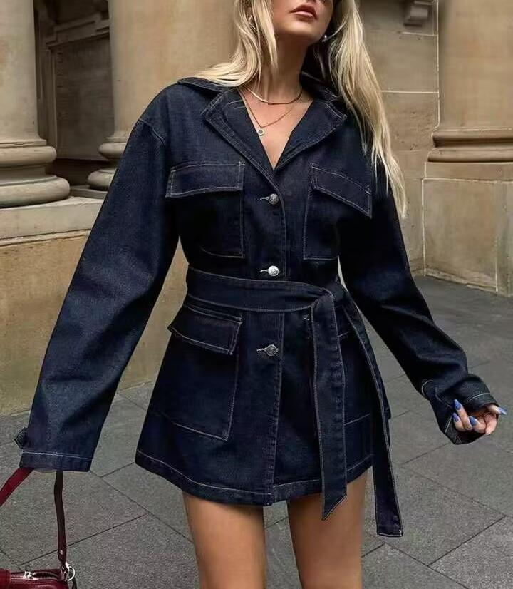 Women Clothing Autumn Polo Collar Belt Tooling Denim Coat
