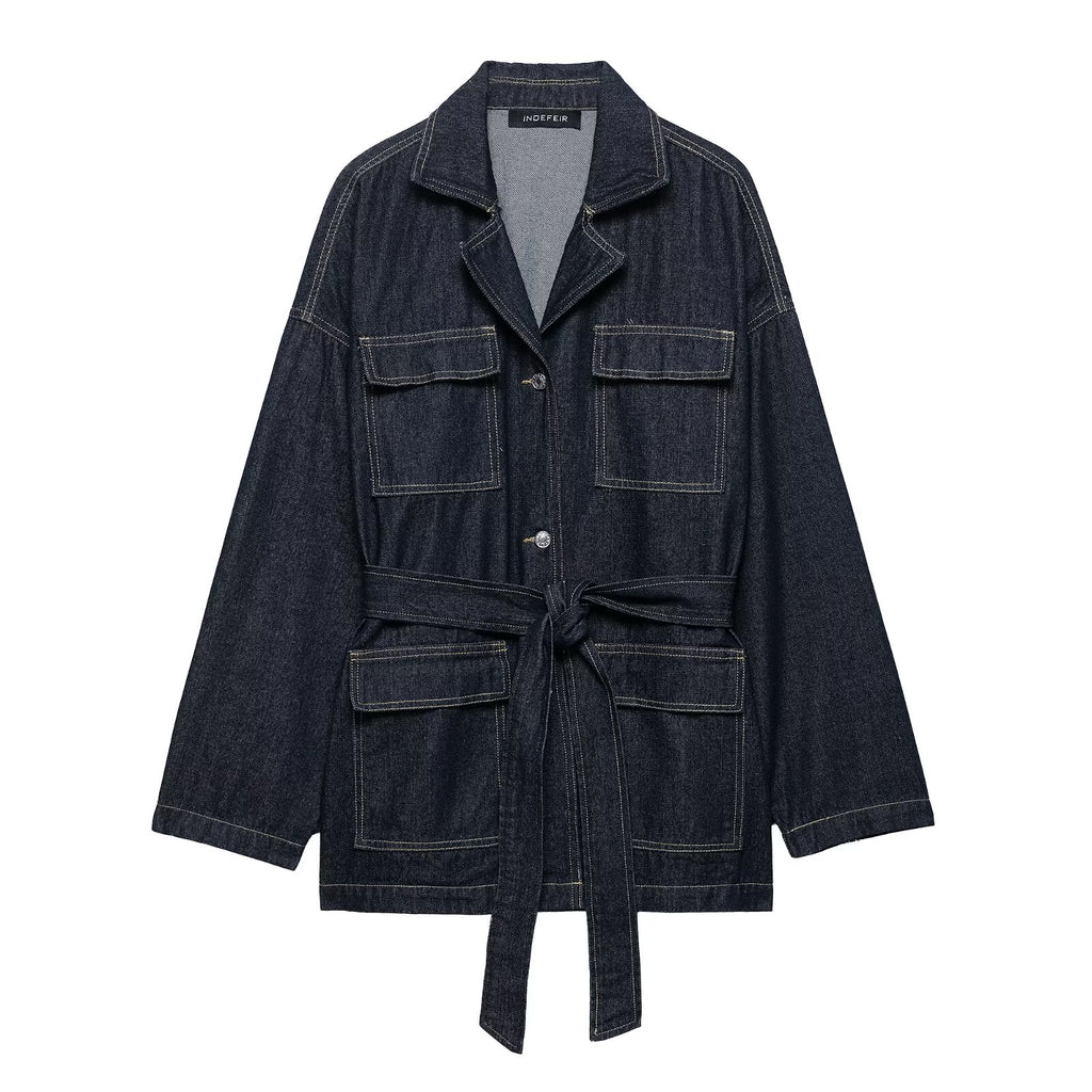 Women Clothing Autumn Polo Collar Belt Tooling Denim Coat