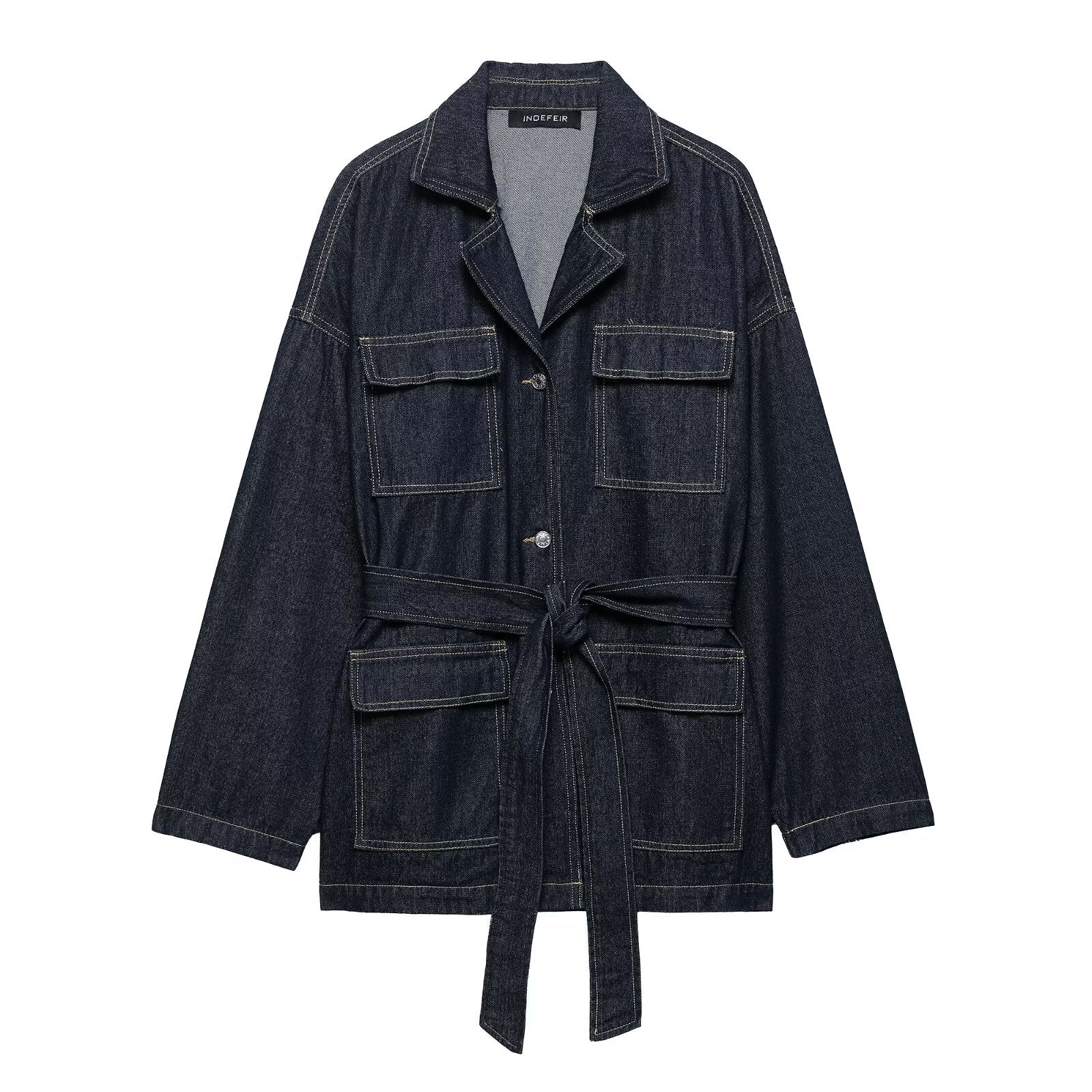 Women Clothing Autumn Polo Collar Belt Tooling Denim Coat