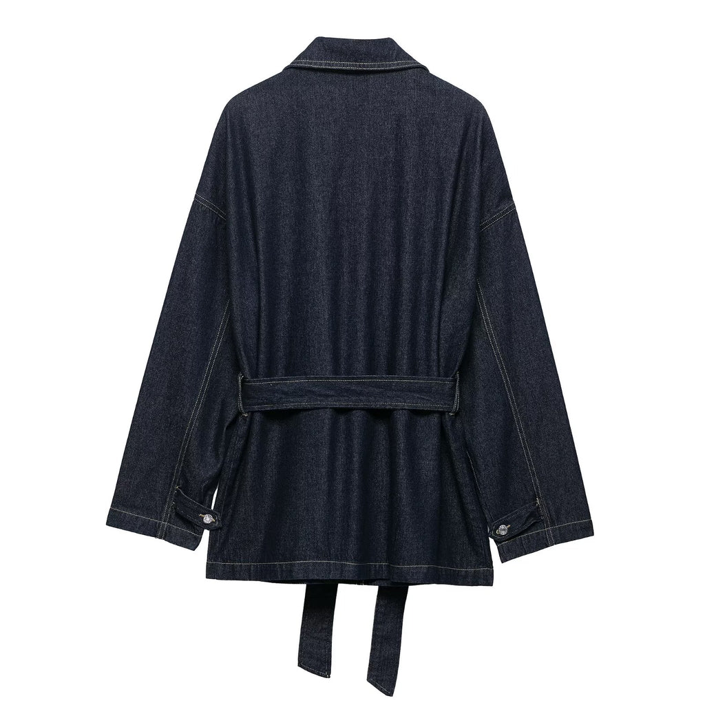 Women Clothing Autumn Polo Collar Belt Tooling Denim Coat