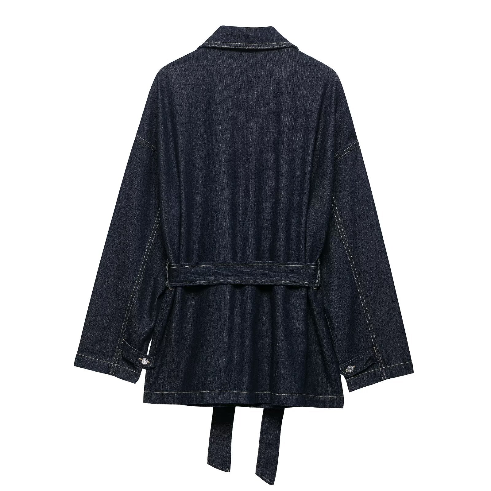 Women Clothing Autumn Polo Collar Belt Tooling Denim Coat