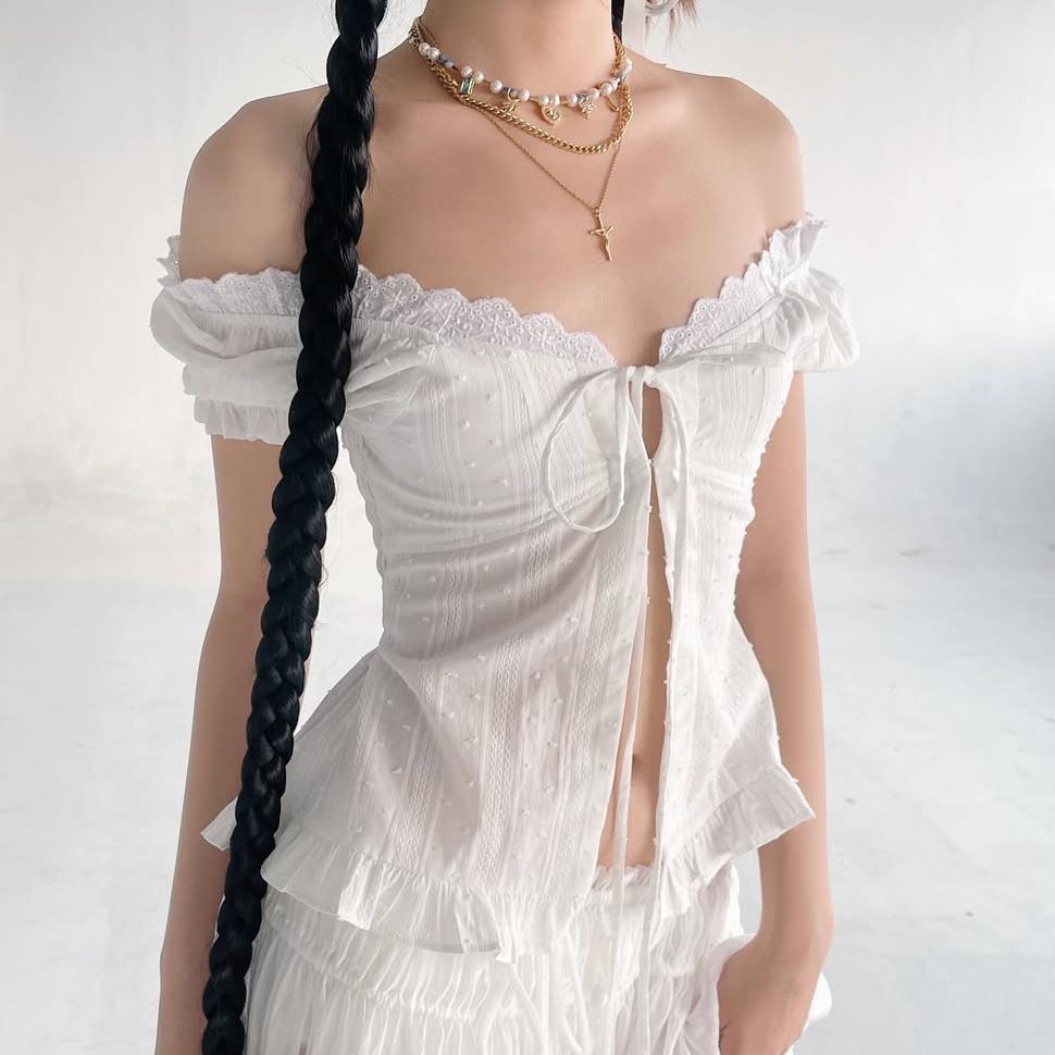Summer French Sweet Spicy First Love White Lace Collar Back Elastic Jacquard Wave Point Puff Sleeve Small Top