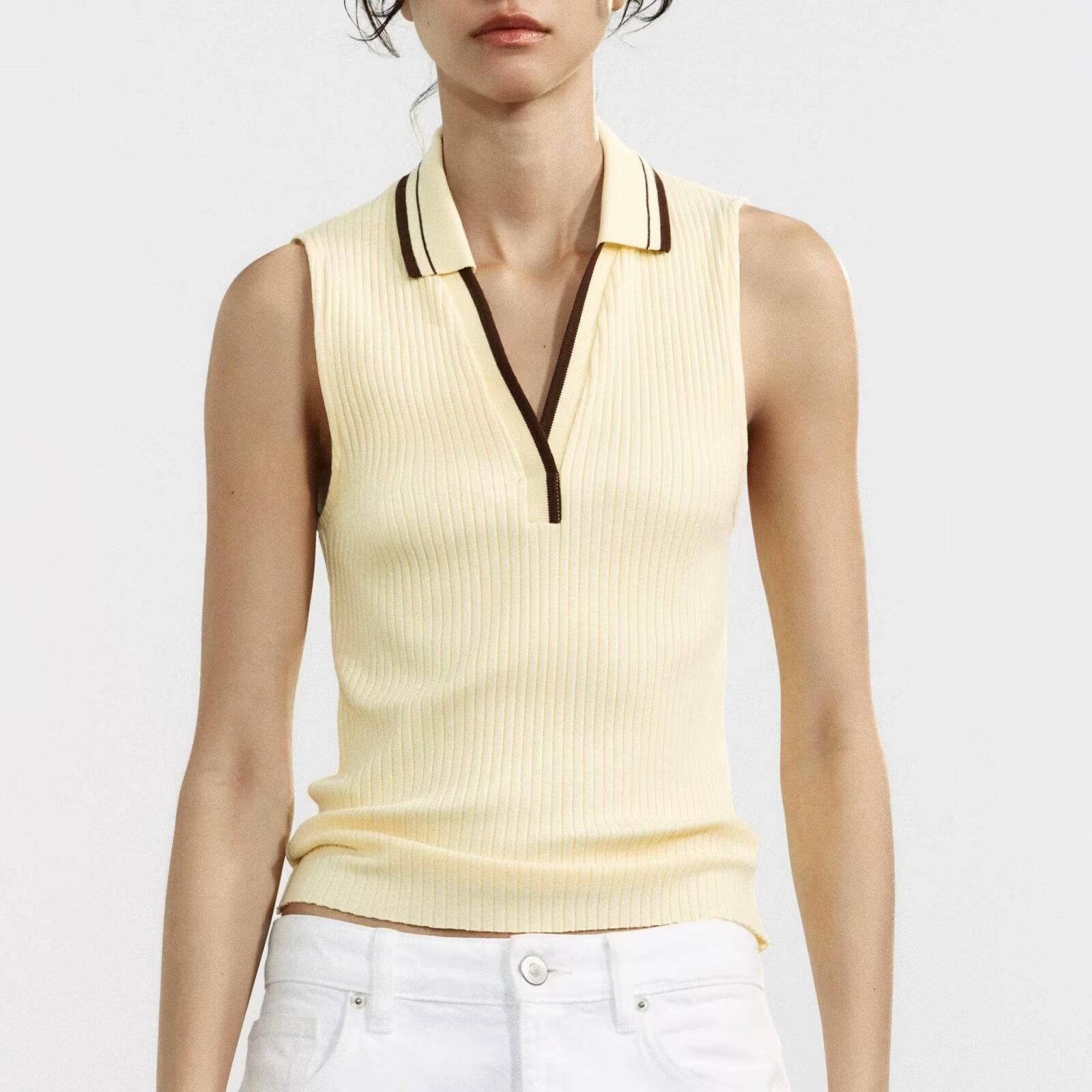 Summer All Match Polo Collar Stripes Rib Polo Collar Sleeveless Knitted Vest Women Top
