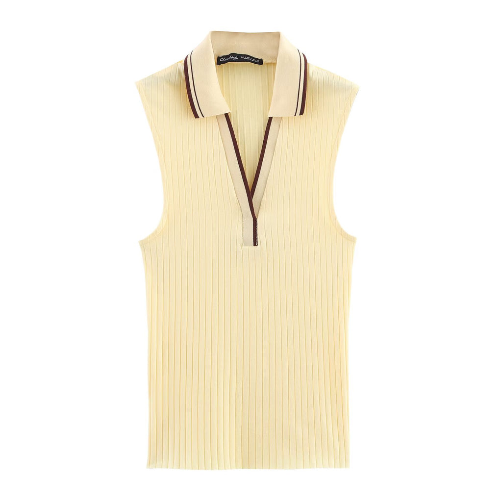 Summer All Match Polo Collar Stripes Rib Polo Collar Sleeveless Knitted Vest Women Top