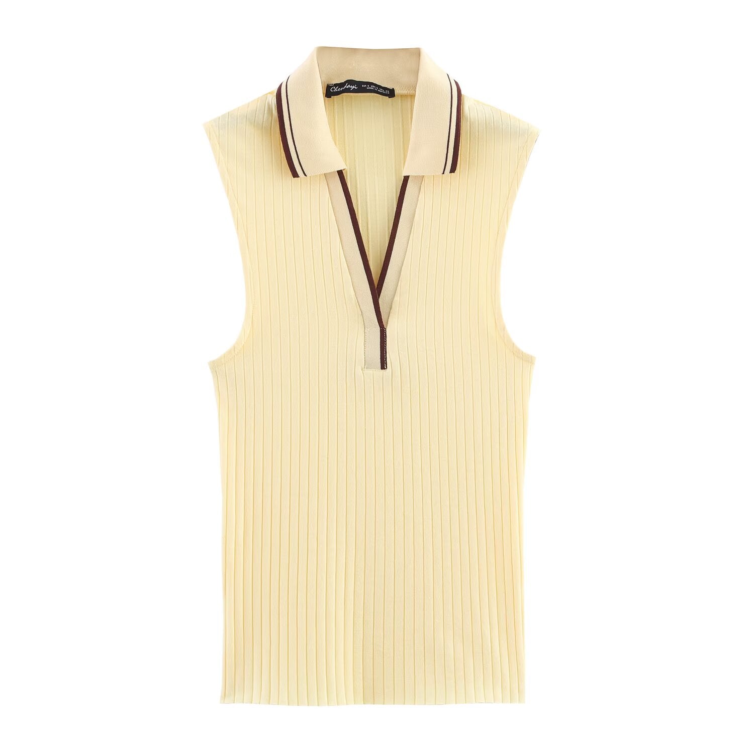 Summer All Match Polo Collar Stripes Rib Polo Collar Sleeveless Knitted Vest Women Top