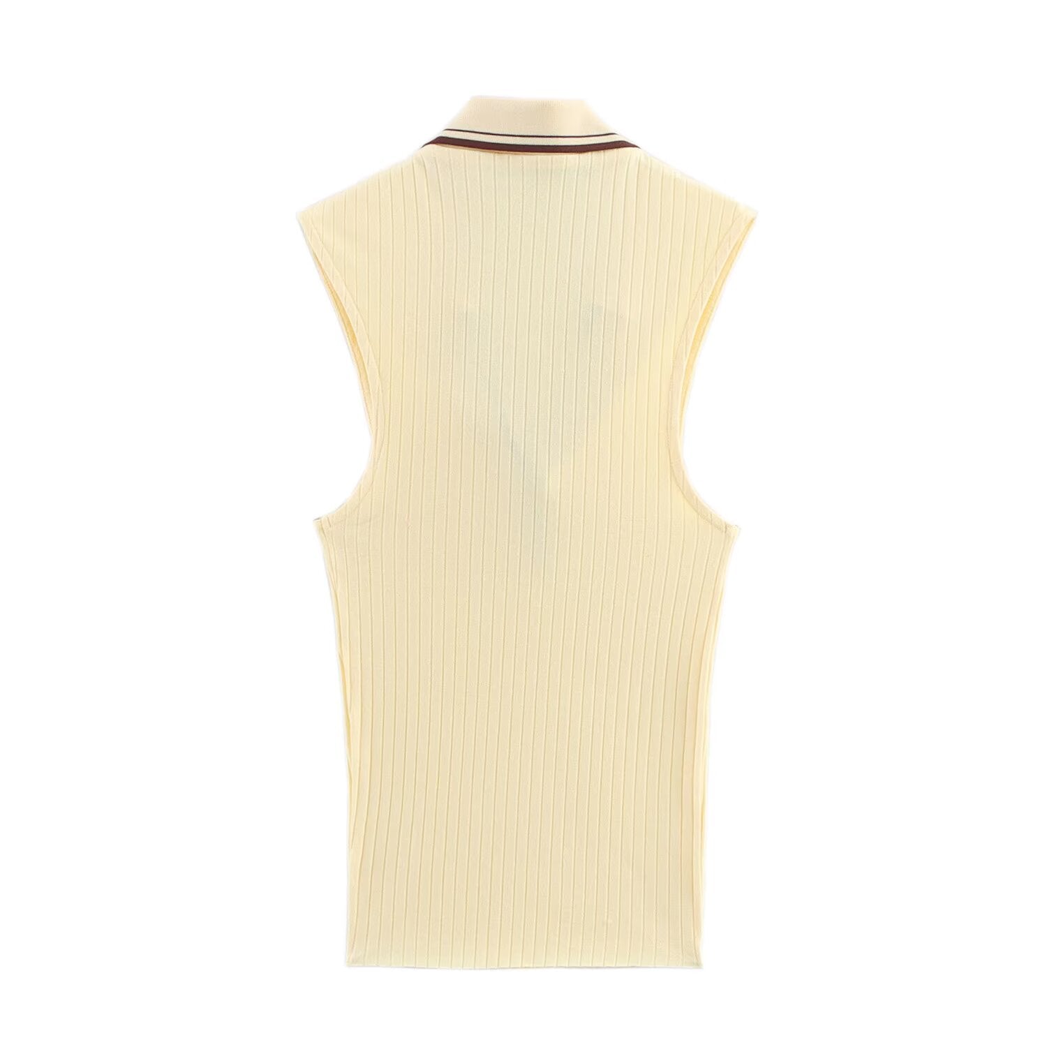 Summer All Match Polo Collar Stripes Rib Polo Collar Sleeveless Knitted Vest Women Top