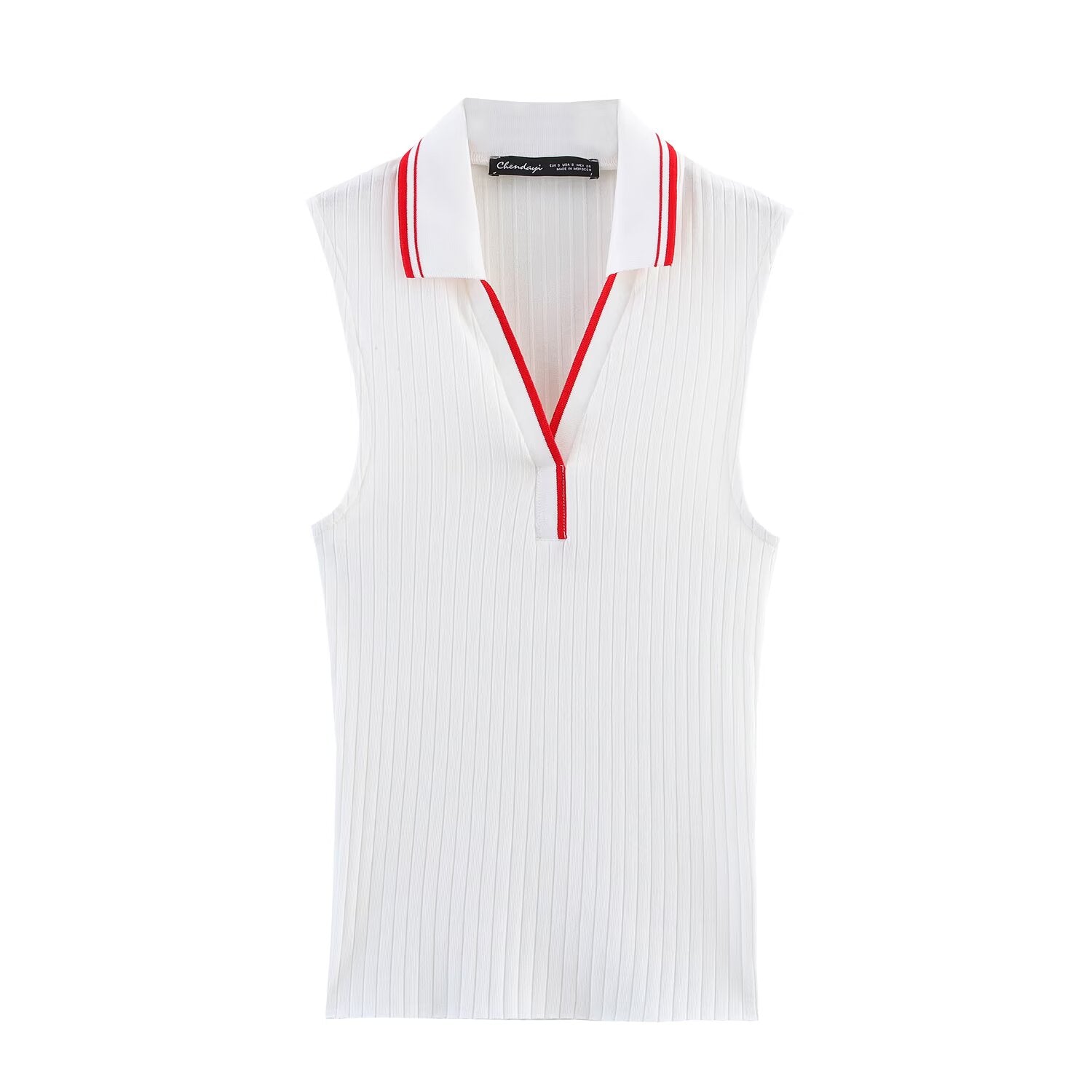 Summer All Match Polo Collar Stripes Rib Polo Collar Sleeveless Knitted Vest Women Top