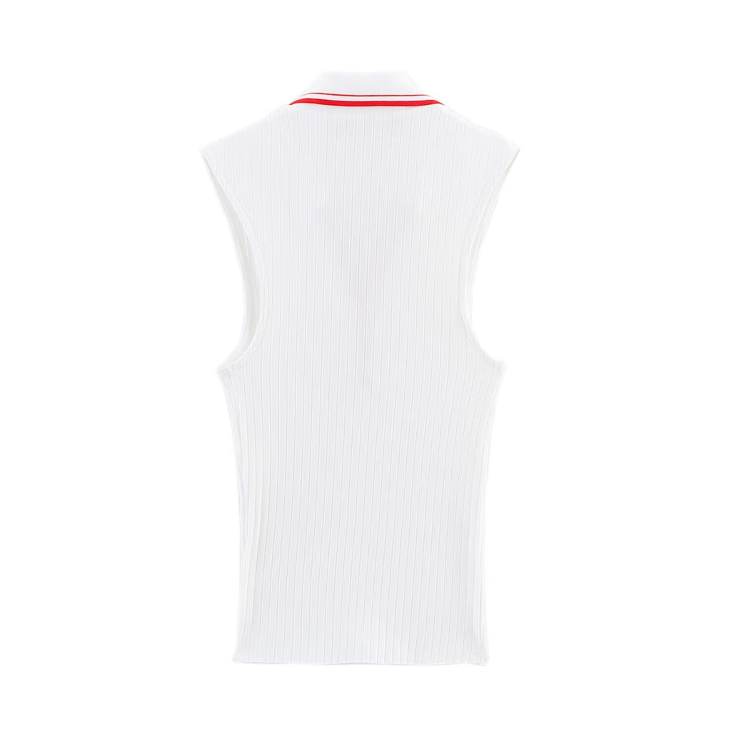 Summer All Match Polo Collar Stripes Rib Polo Collar Sleeveless Knitted Vest Women Top