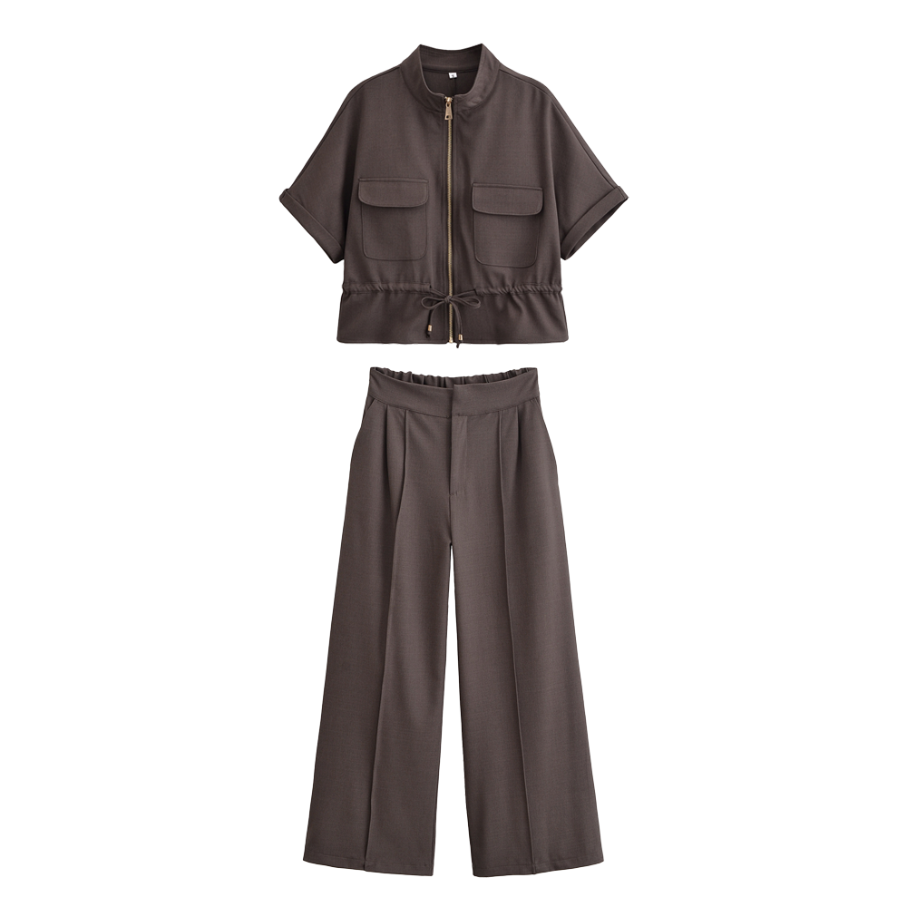 Summer Wind Fashionable Curled Brim Short Sleeve Hunting Loose Collared Shirt Women Casual Trousers Suit