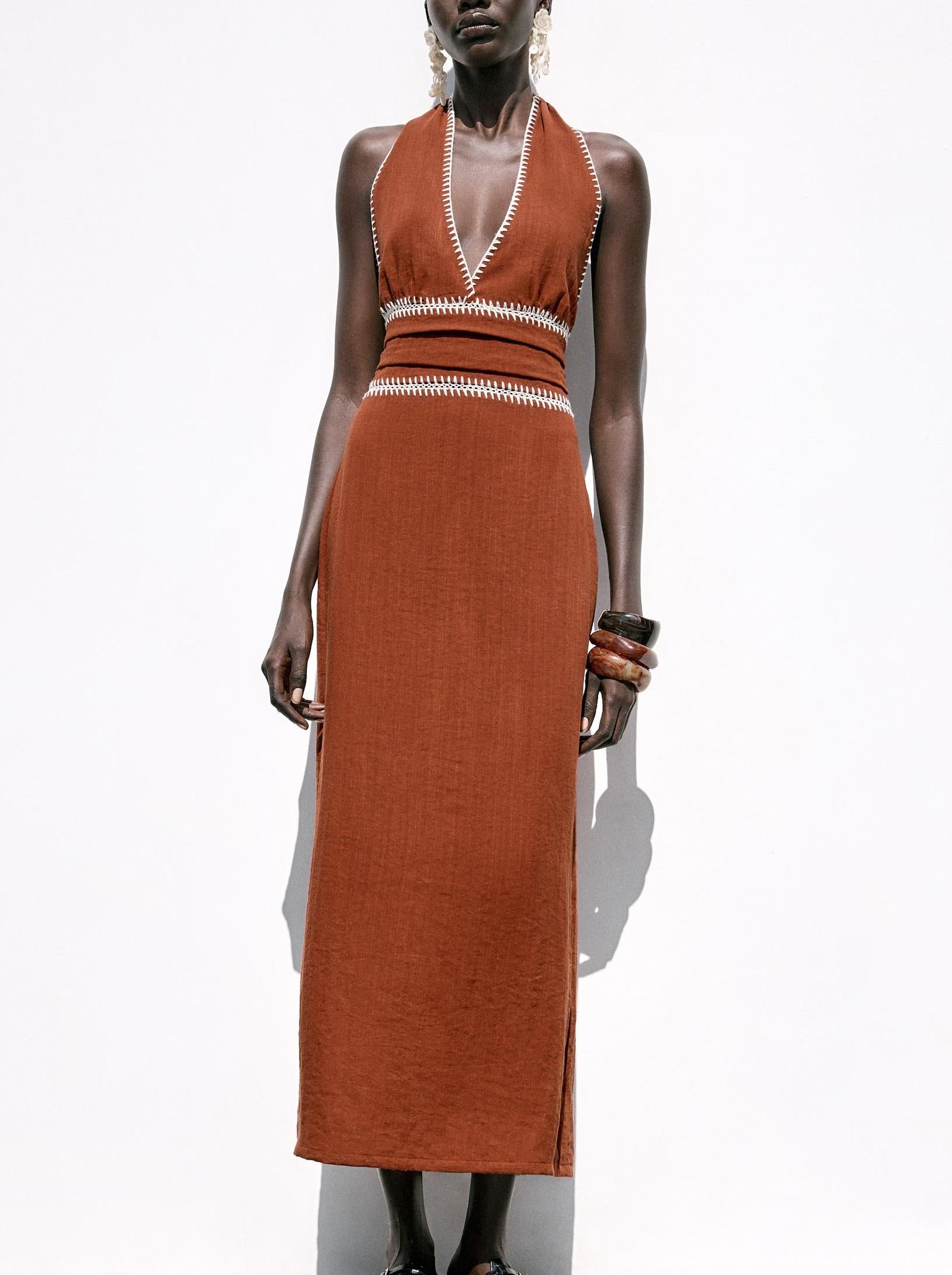 Summer Women Clothing Simple Embroidery Midi Dress