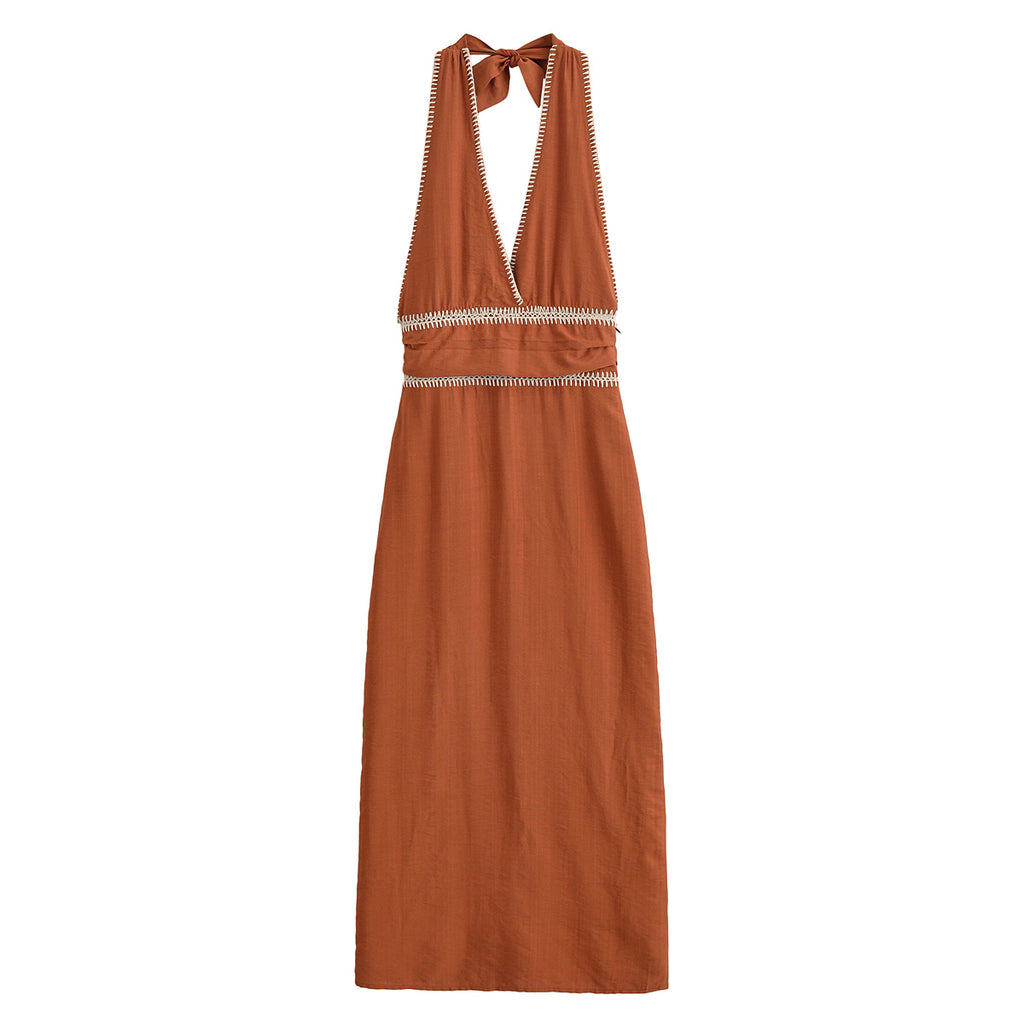 Summer Women Clothing Simple Embroidery Midi Dress