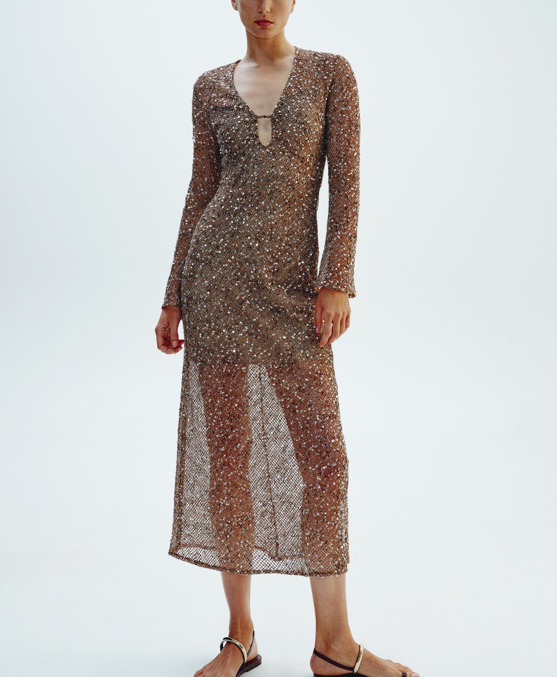 Spring Urban Casual Loose Sequined Shirt Dress V neck Long Sequin Midi Dress