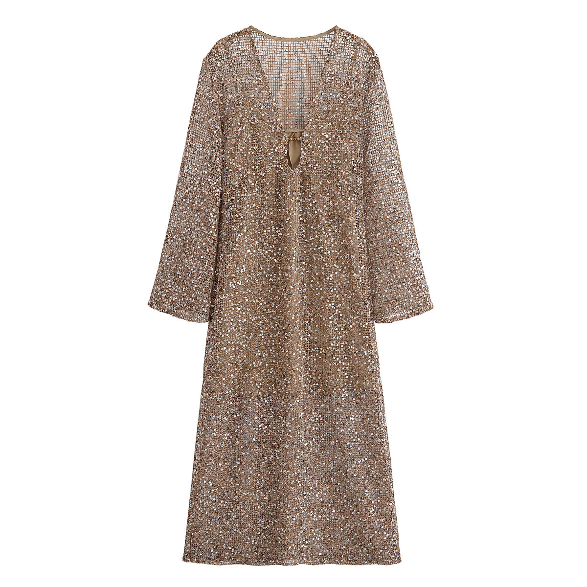 Spring Urban Casual Loose Sequined Shirt Dress V neck Long Sequin Midi Dress