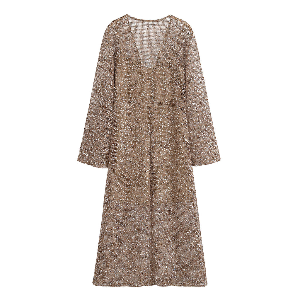 Spring Urban Casual Loose Sequined Shirt Dress V neck Long Sequin Midi Dress