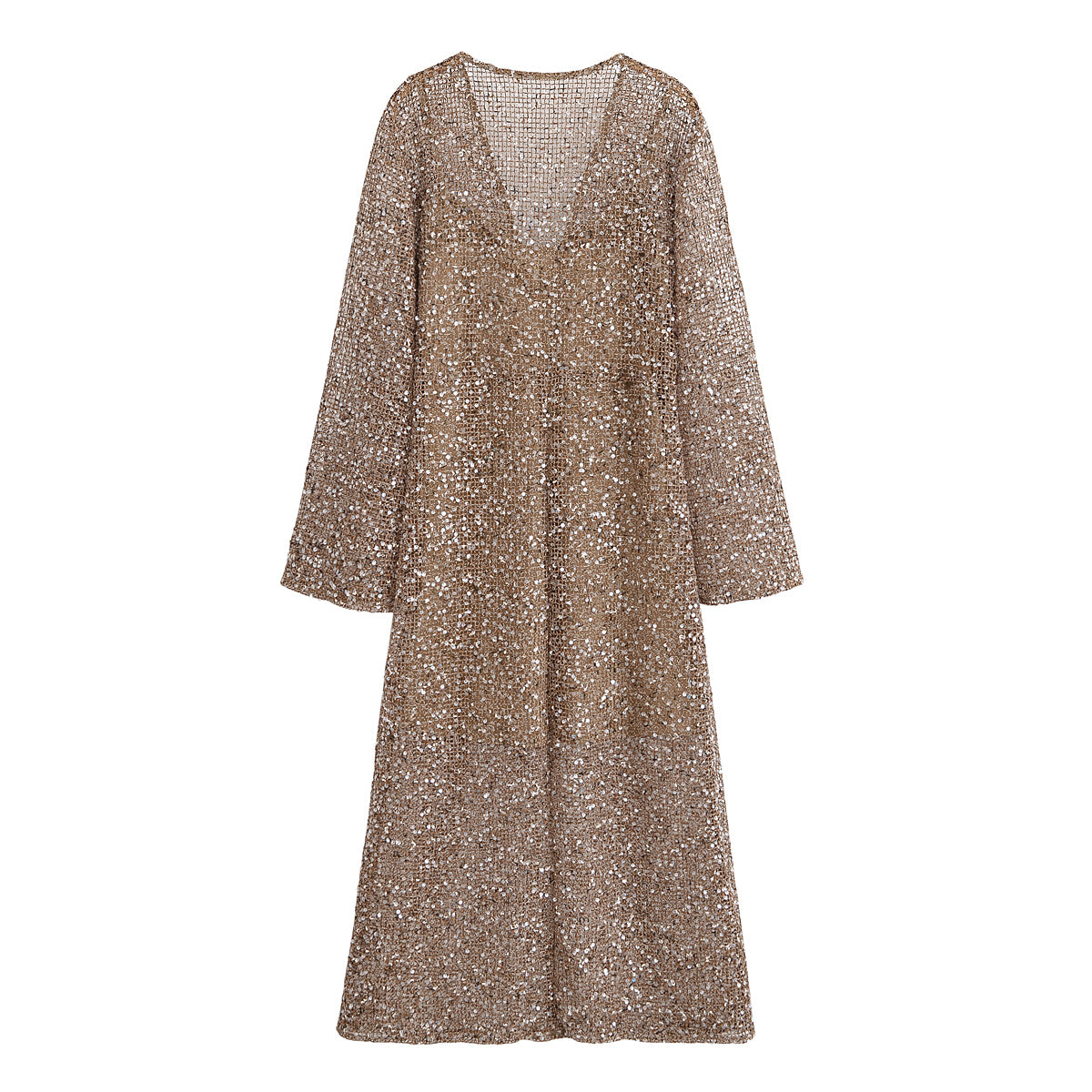 Spring Urban Casual Loose Sequined Shirt Dress V neck Long Sequin Midi Dress