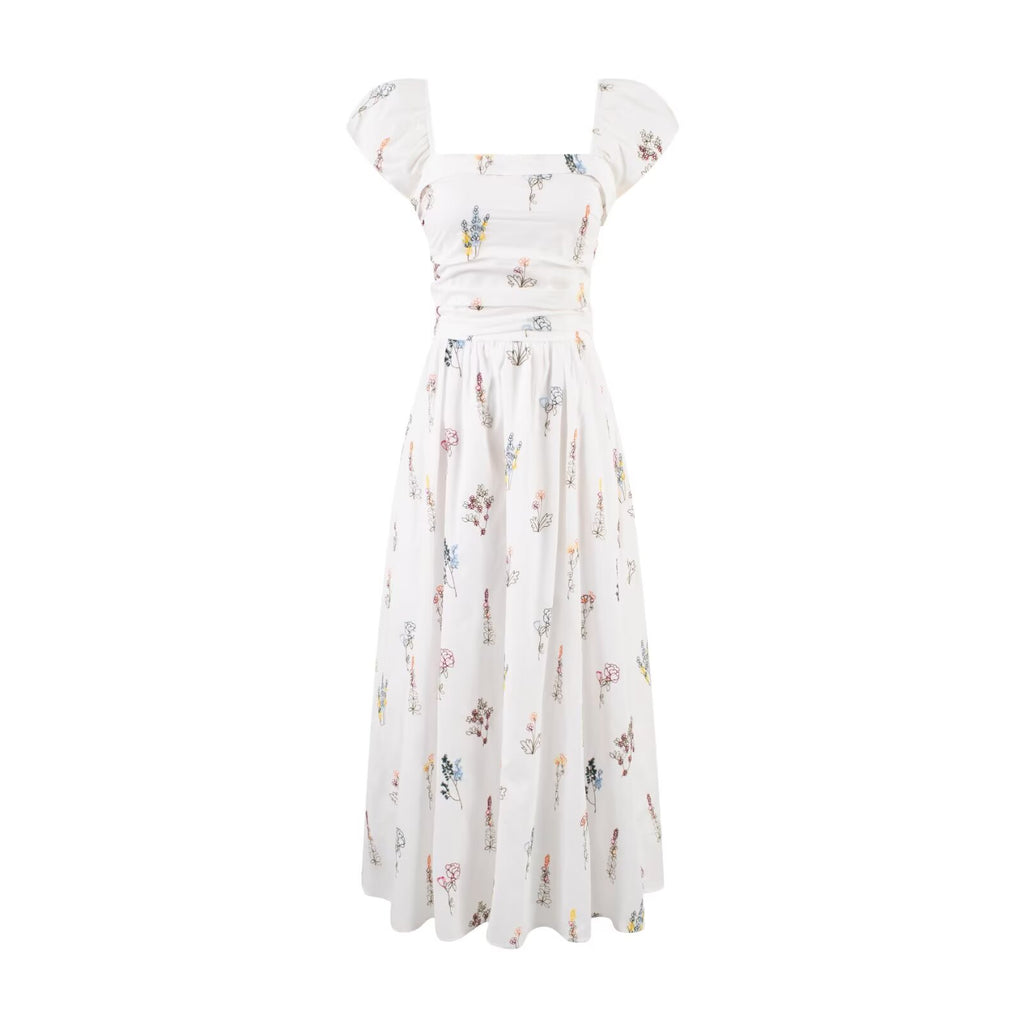 Sweet Printed Chic Puff Sleeve Vacation Dress Square Collar Sexy Slim Fit Backless Dress