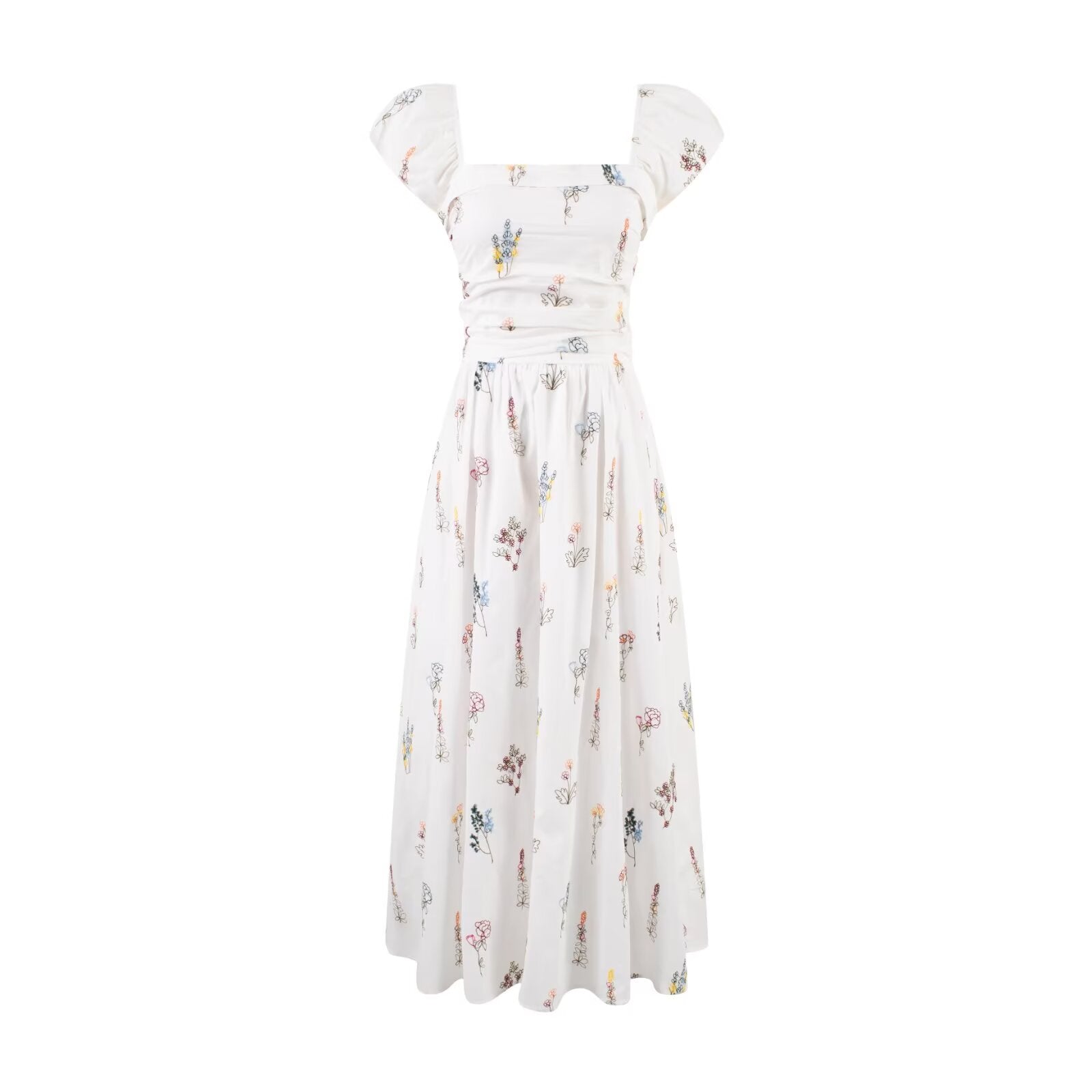 Sweet Printed Chic Puff Sleeve Vacation Dress Square Collar Sexy Slim Fit Backless Dress