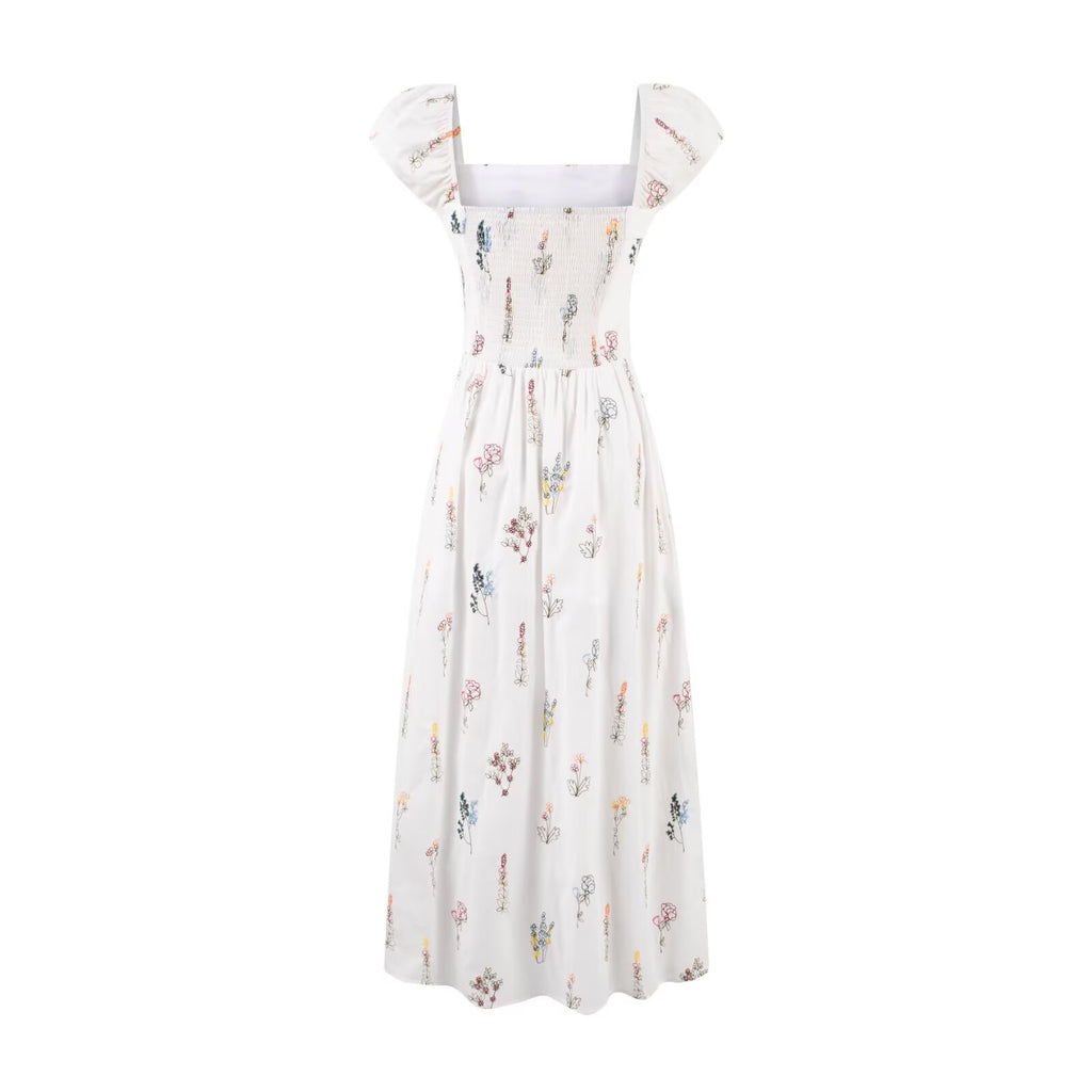 Sweet Printed Chic Puff Sleeve Vacation Dress Square Collar Sexy Slim Fit Backless Dress