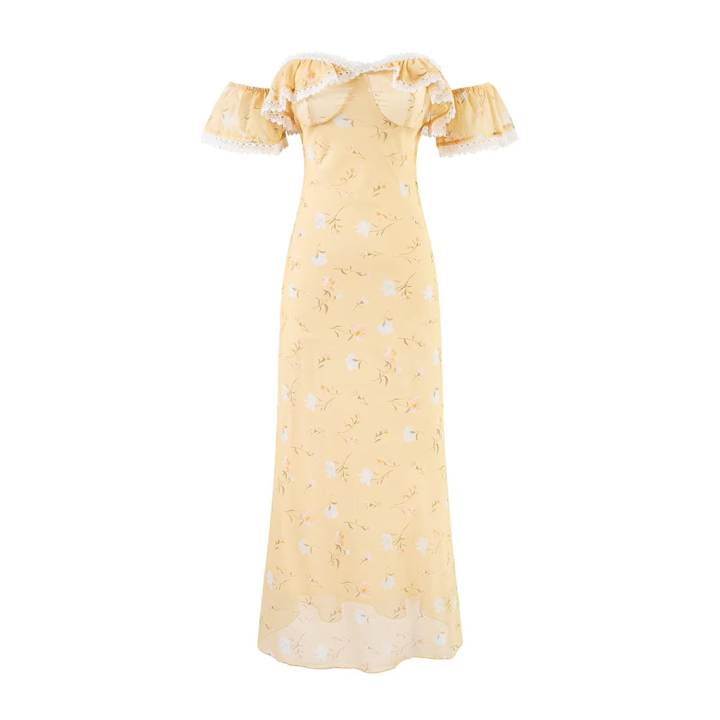 Romantic Gentle Quality Yellow Floral Dress Women Summer Vacation Waist Slimming Lace Long Dress