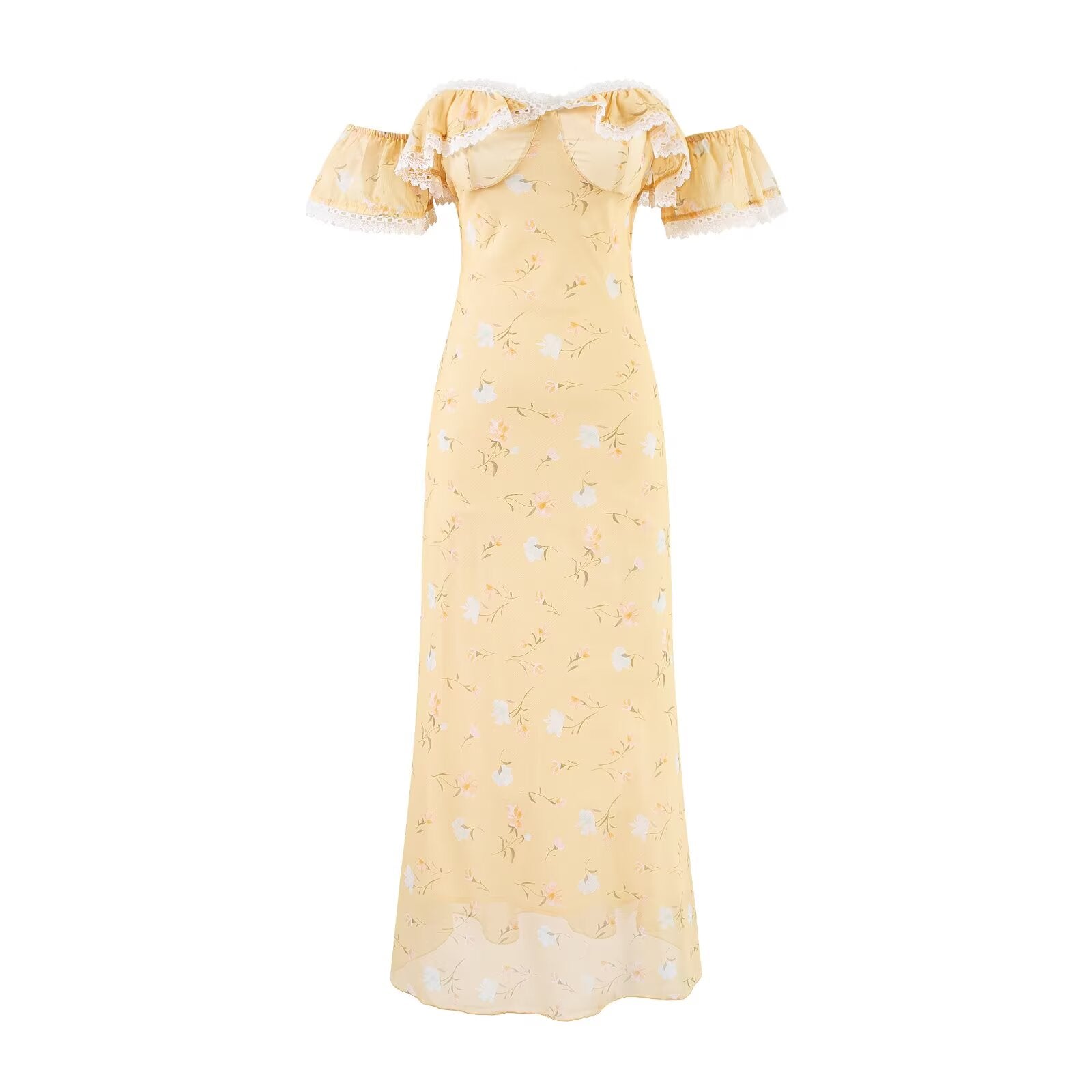 Romantic Gentle Quality Yellow Floral Dress Women Summer Vacation Waist Slimming Lace Long Dress