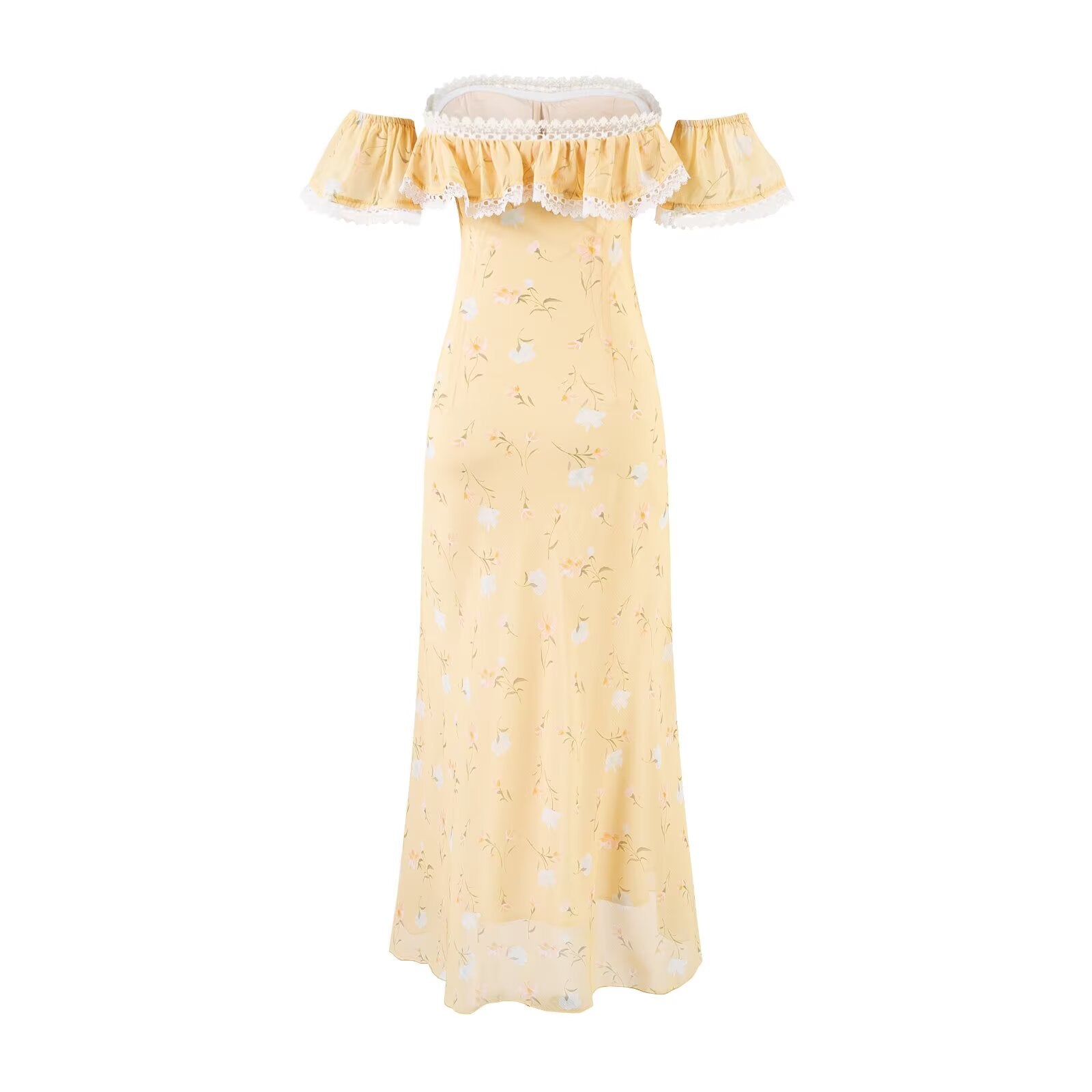 Romantic Gentle Quality Yellow Floral Dress Women Summer Vacation Waist Slimming Lace Long Dress